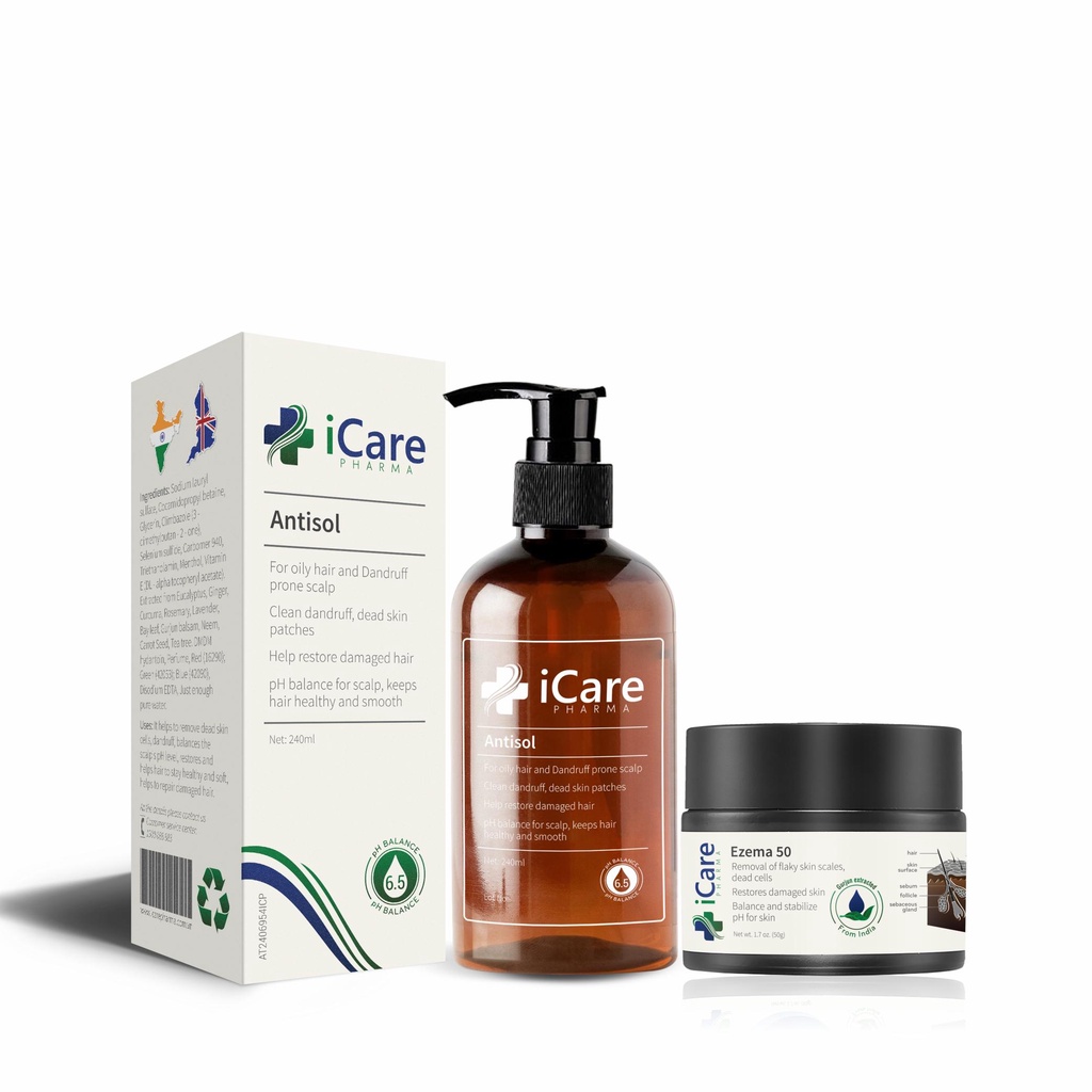 Bộ Sản Phẩm iCare Pharma Dermato, Ezema 50, Dầu Gội Sạch Gàu Antisol | Hỗ Trợ Trị Gàu Ngứa, Nấm Da Đầu Lâu Nă