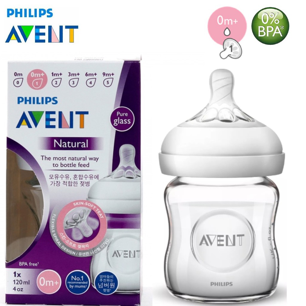 Philips Avent bình sữa thủy tinh mô phỏng tự nhiên 120ml cho bé từ 0 tháng SCF671/13