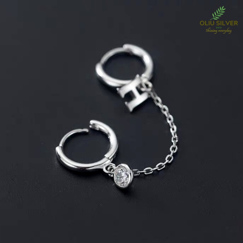 Bông Tai Bạc S925 Chữ H Dạng Khoen Tròn Hai Lỗ Xỏ Đính Đá Zircon Trẻ Trung Cá Tính | Khuyên Tai Nữ Trang Sức Bạc 925