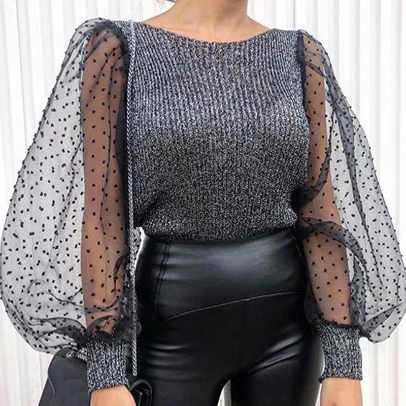 Áo Sweater Tay Dài Dáng Rộng Phối Lưới Thời Trang Xuân Thu Cho Nữ