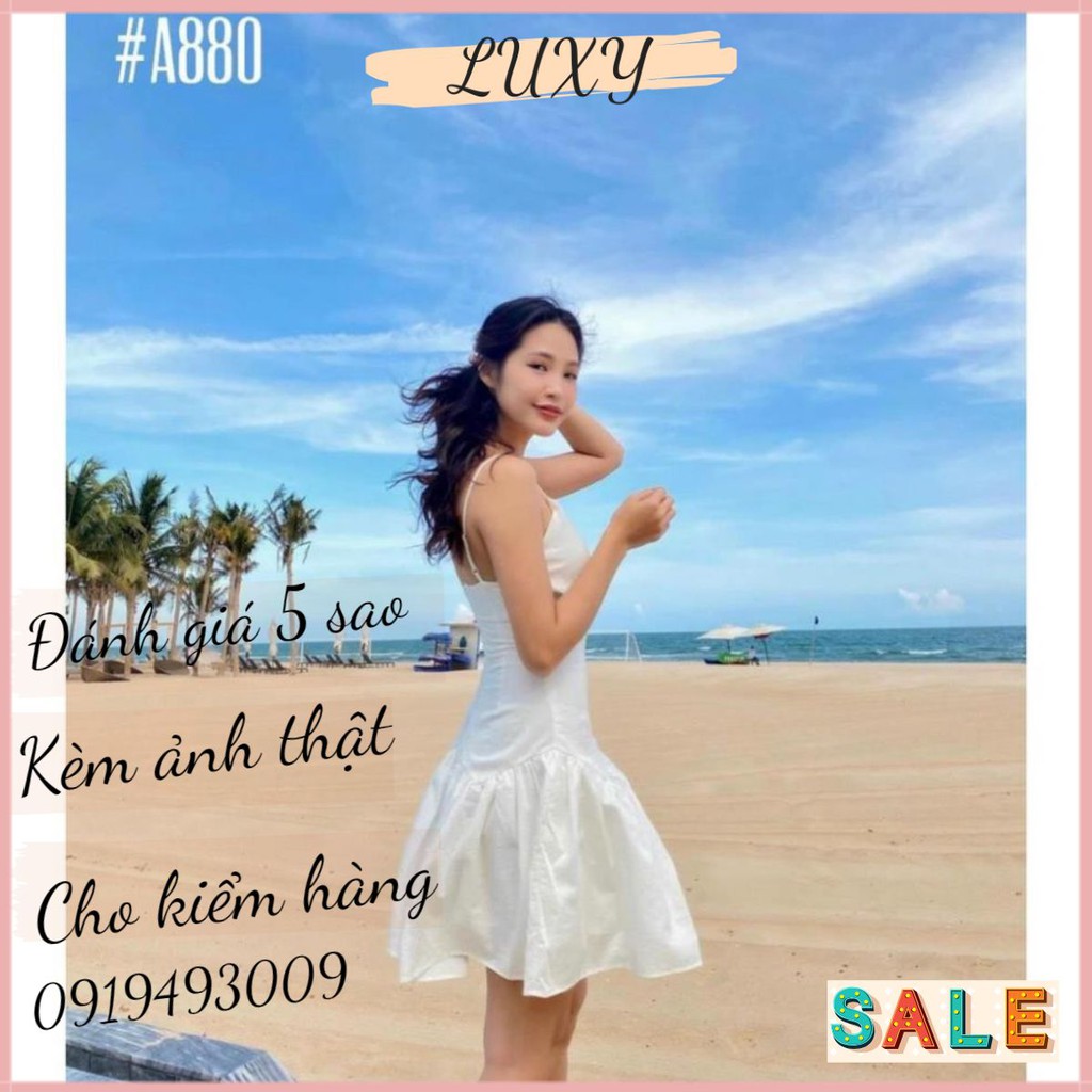 Đầm dự tiệc hai dây trắng tinh khiết kèm ảnh thật