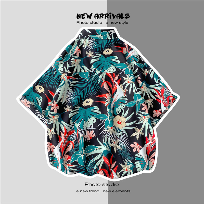 Áo sơ mi ngắn tay dáng rộng in hoa phong cách Hawaii Hàn Quốc mới cho nam