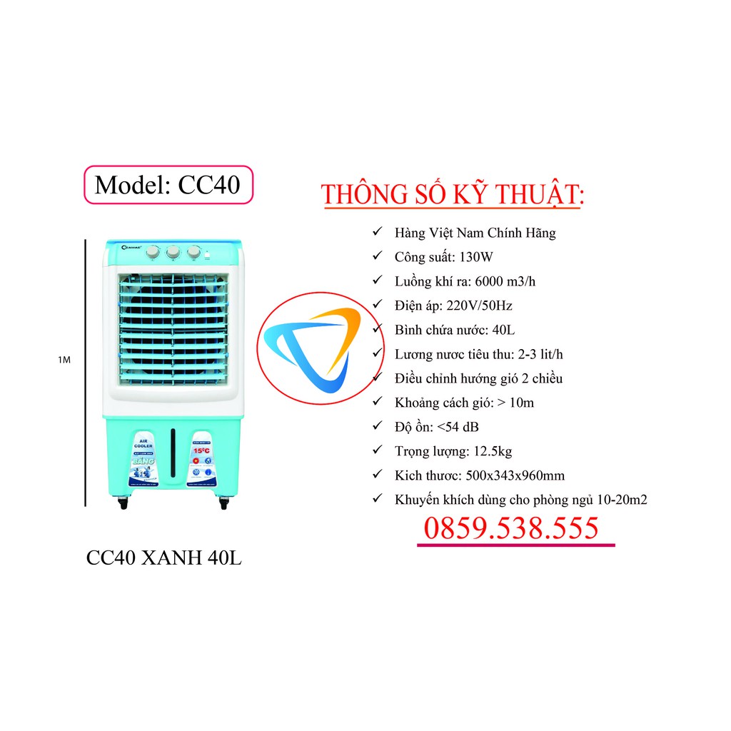QUẠT ĐIỀU HÒA HƠI NƯỚC CAMAC CC40 - 40L, Bảo Hành 24 Tháng, Tặng 2 cục Đá Gel Siêu mát, Có Bơm Tự Ngắt