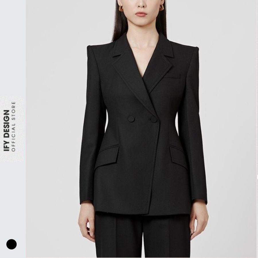 Áo vest nữ blazer đen, be chiết eo 2 cúc túi chéo IFY Design FS198A