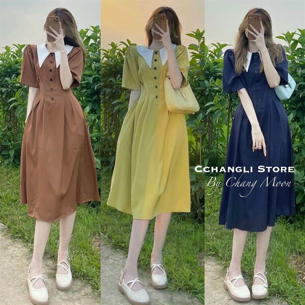 (Sale FreeShip) Đầm nữ dáng xòe cổ phối màu cực xinh,xếp li eo tinh tế tạo điểm nhấn sang trọng,chất đẹp lên from chuẩn