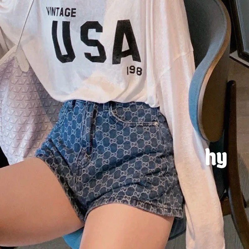 Quần short jean ngắn họa tiết màu xanh