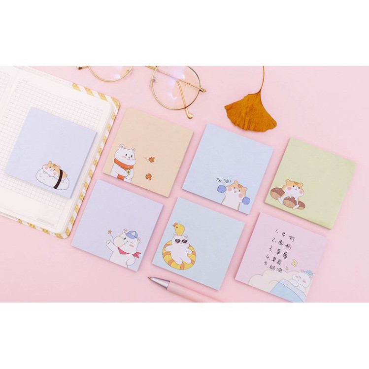 Giấy ghi chú, giấy note kích thước 7.2x7.2cm chuột hamster, gấu trắng xinh xắn, đáng yêu