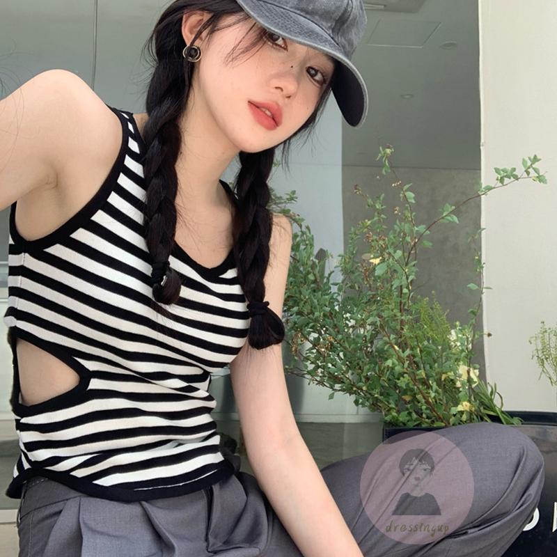 Áo Croptop Sát Nách Cổ Tròn Họa Tiết Kẻ Sọc Thời Trang Mùa Hè Cho Nữ