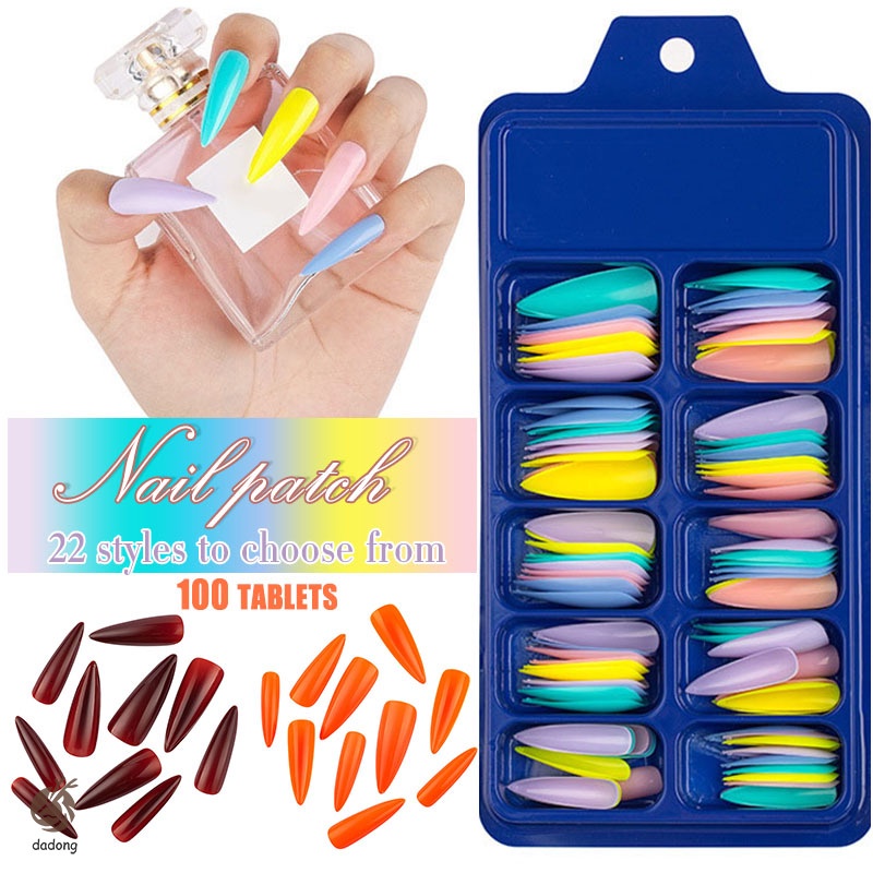 Set 100 Đầu Móng Tay Giả Bằng ABS 10 Kích Cỡ Với Đầu Nhọn Dài Che Phủ Toàn Diện