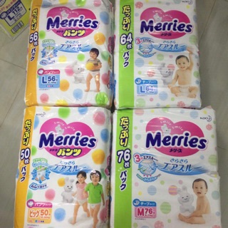 Tã/bỉm quần dán Merries nội địa Nhật size Jumbo M76,M74,L64,L56,XL50