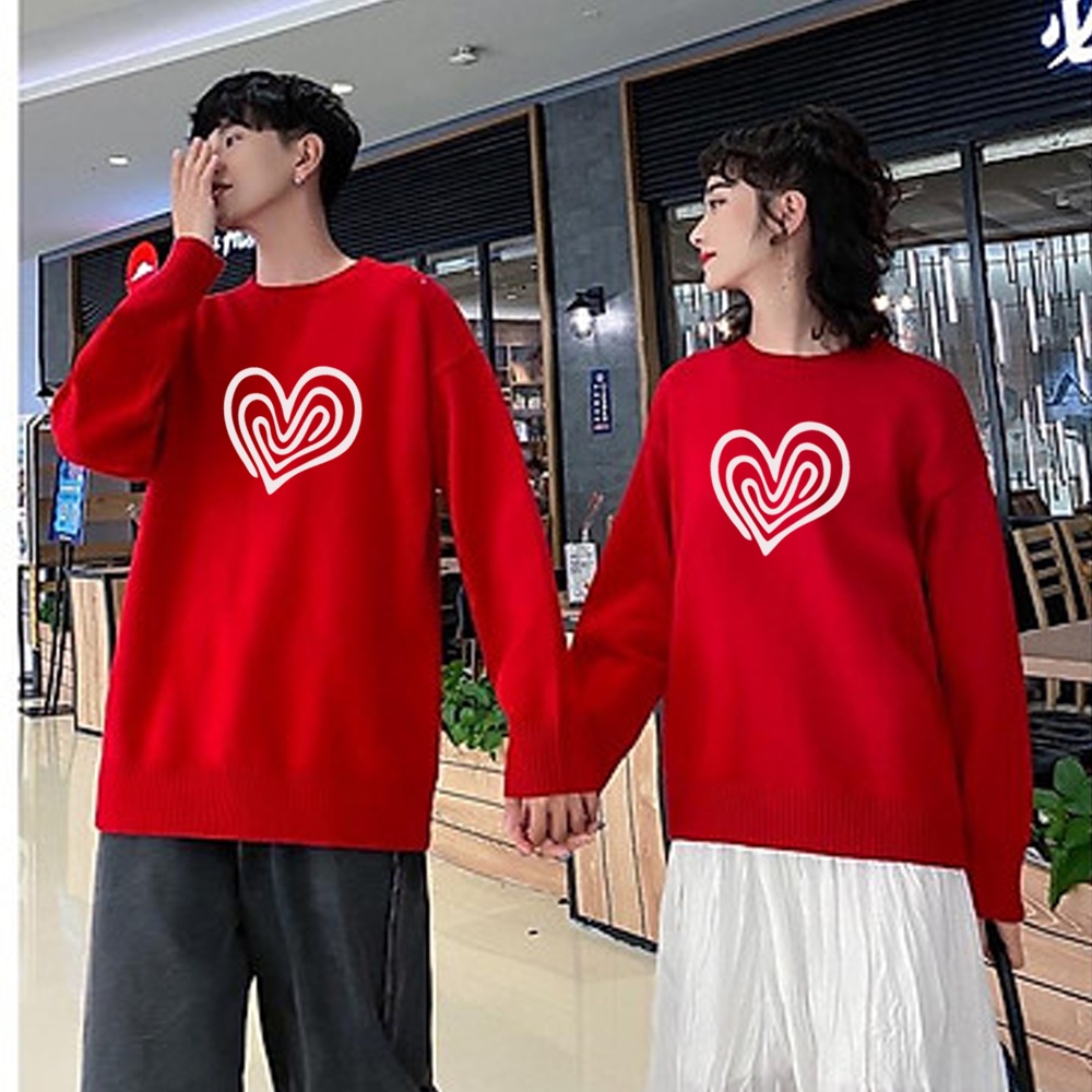 Áo đôi màu đỏ nỉ bông.in hình trái tim xoắn ốc