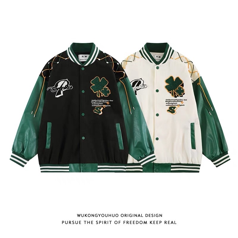 Áo khoác bóng chày chất dạ phối tay da 2022 Áo khoác varsity dáng rộng phong cách retro