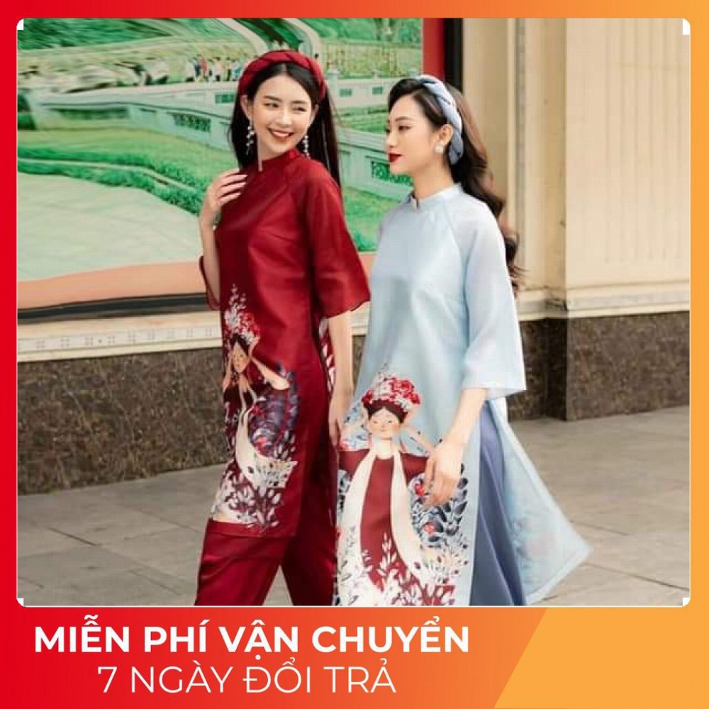 Áo Dài Cách Tân Nữ Mặc Tết Dáng Suông Vải Voan Tơ Hình Cô Gái A02