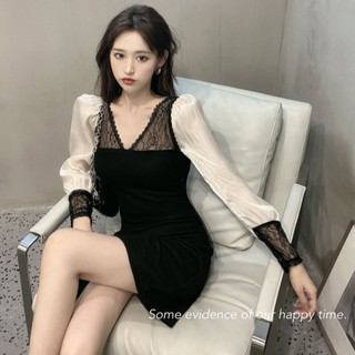 Đầm cổ ren chữ v phối tay phồng nữ ulzzang ak107