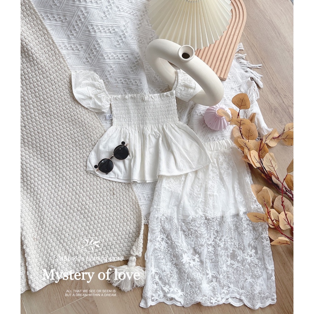 Set bộ váy maxi trắng đi biển phối ren siêu yêu cho bé S4BT9
