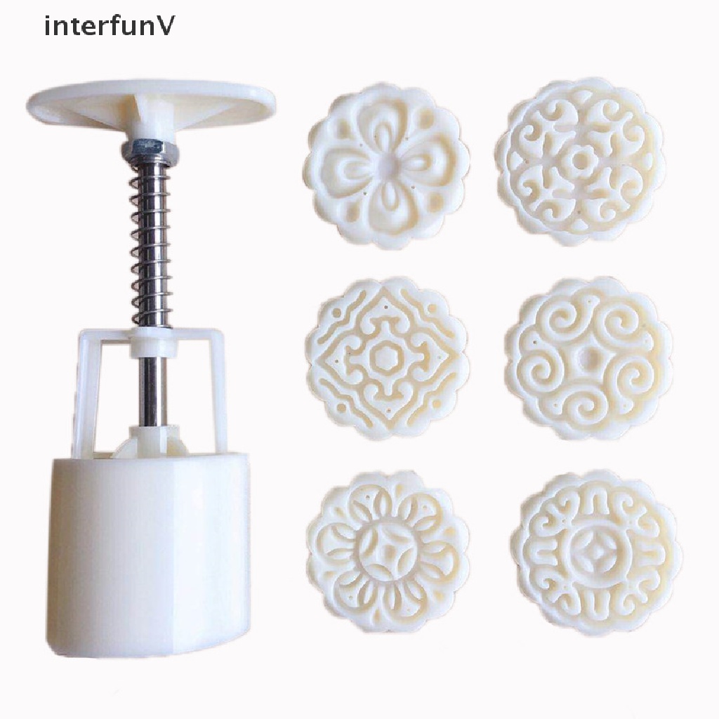 Bộ dụng cụ ép + 6 khuôn làm bánh trung thu hình hoa tiện dụng