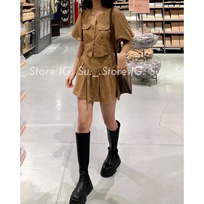 Set áo sơ mi đũi cổ vest tay phồng kèm chân váy, set áo croptop tay phồng chân váy xòe ngắn thô đũi B7.