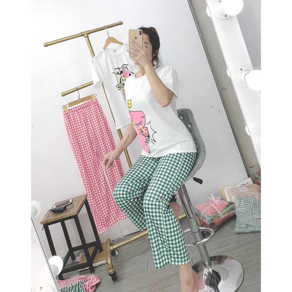 Set áo thun quần ống rộng sọc caro cho nữ mặc nhà, mặc đi chơi cực phong cách