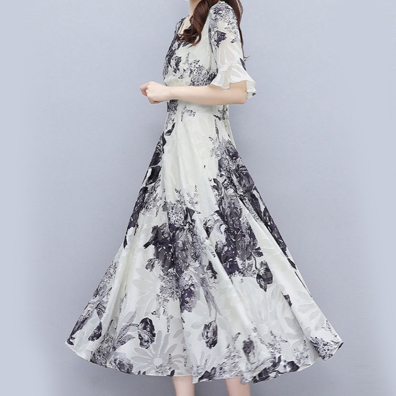 Đầm Dài Xếp Ly Cổ Chữ V Tay Lỡ In Họa Tiết Mực In Hoa Dành Cho Nữ