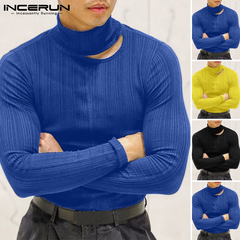 Áo thun INCERUN tay dài cổ cao khoét rỗng thời trang dành cho nam