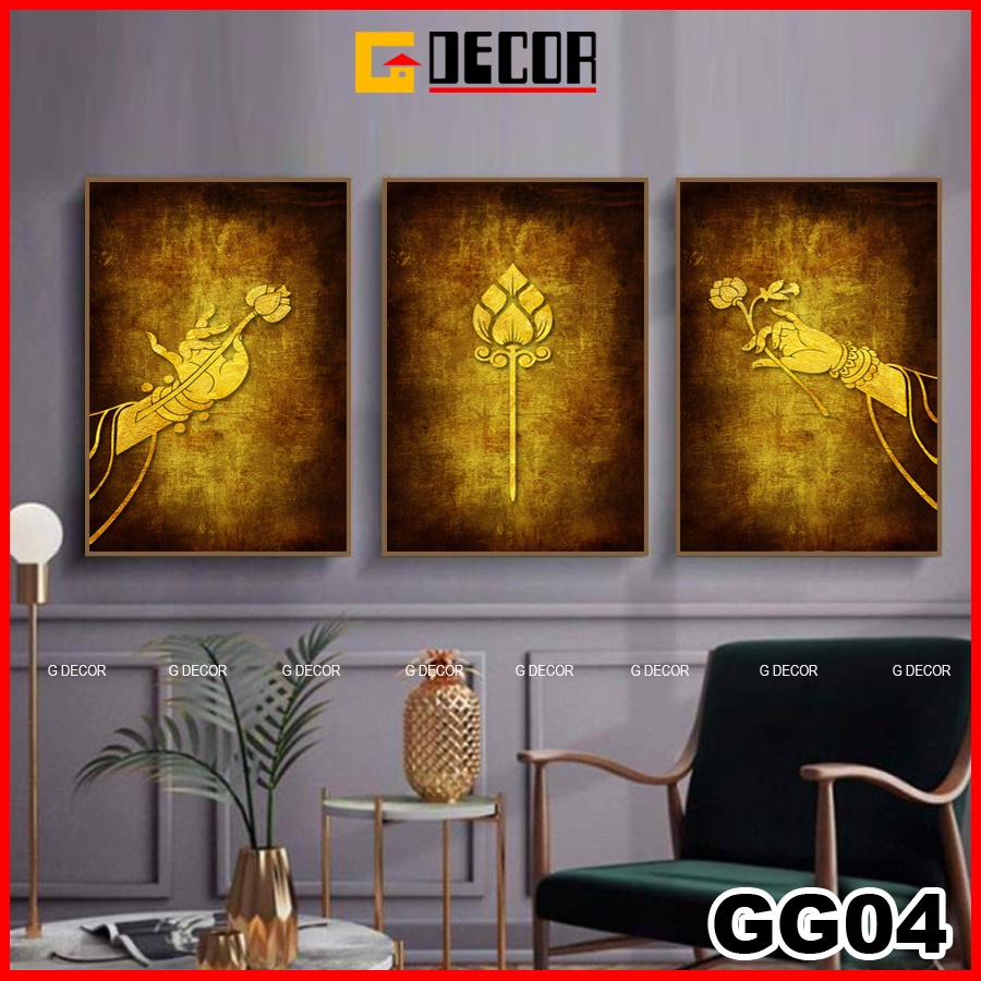Tranh treo tường canvas khung gỗ 3 bức phong cách hiện đại Bắc Âu tranh hoa sen trang trí phòng khách phòng ngủ thờ 04