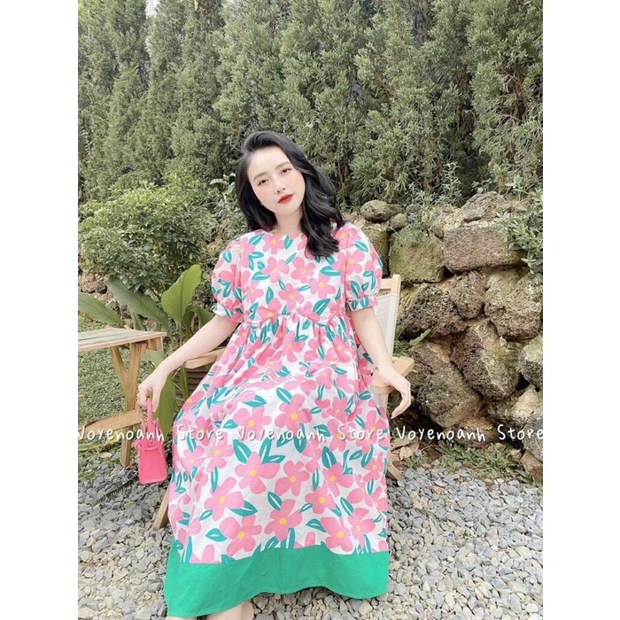 đầm bông lụa bản to cổ tròn ngắn tay