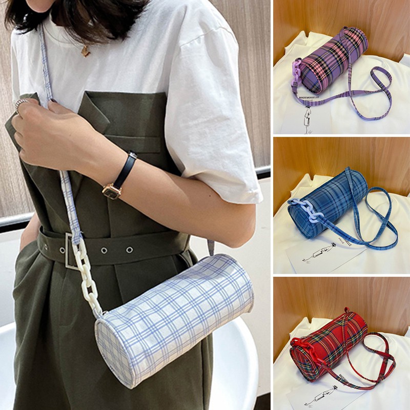 Túi Đeo Chéo Hình Trụ Họa Tiết Kẻ Sọc Thời Trang Hàn Quốc