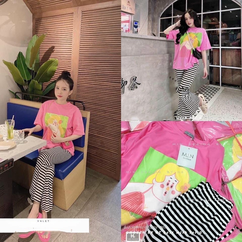 Sét Bộ Áo Pull Hồng Mix Quần Loe Kẻ Hàng Quảng Châu M0216- Lolla_Fashion