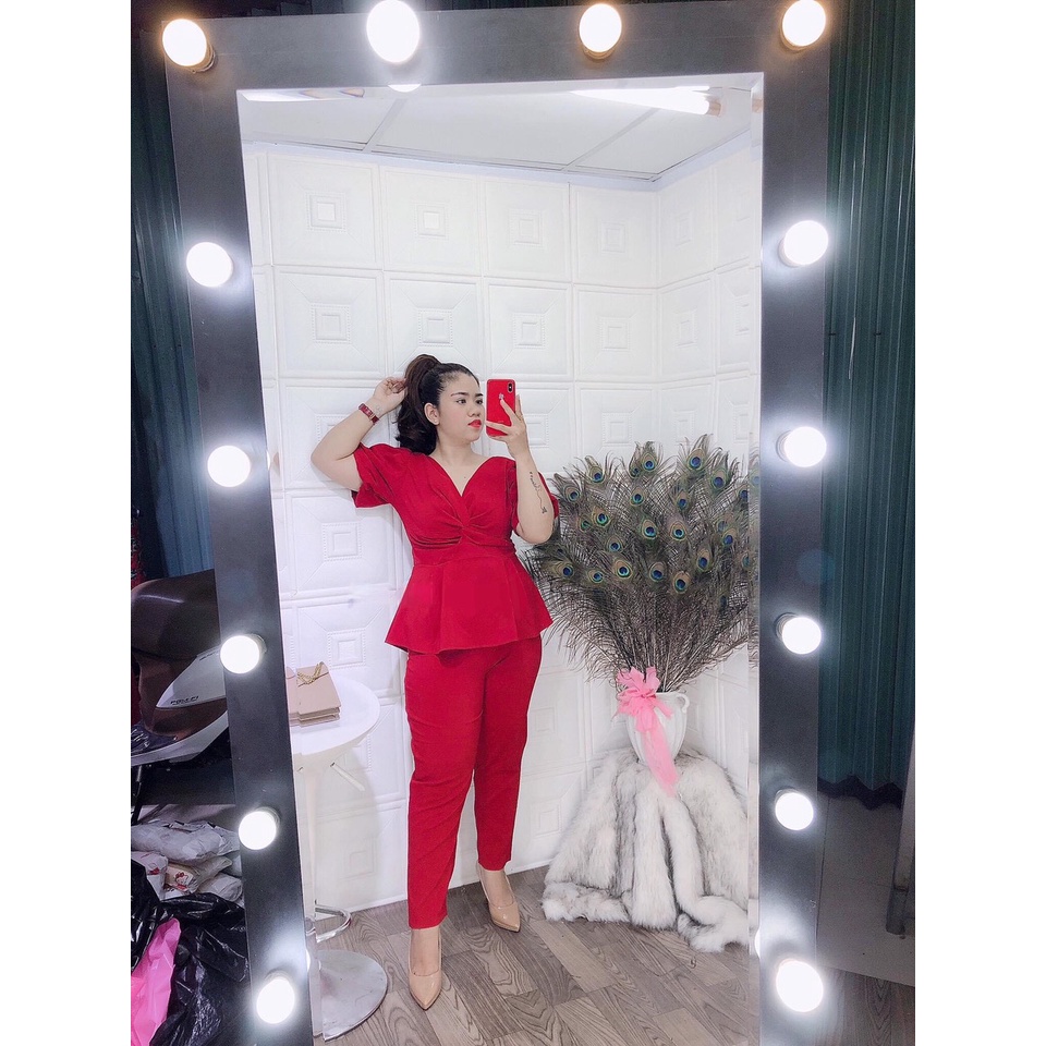 SET đồ bộ bigsize gồm áo peplum và quần lở 9 tấc chất thun dày dặn co dãn thoải mái, size L-XL-XXL, màu Đen_Đỏ_Nude