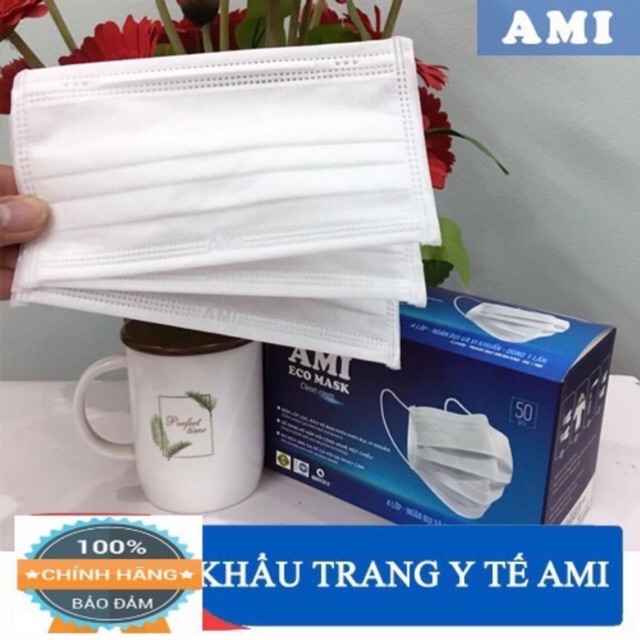 Hộp Khẩu Trang Y Tế AMI 4 Lớp, Màu Trắng, Có Lớp Than Hoạt Tính (Hộp 50 chiếc)