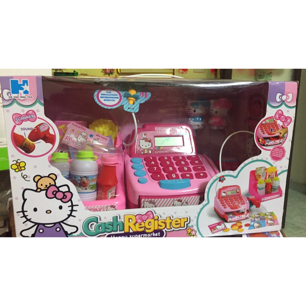 Hộp máy tính tiền hello kitty và kệ hàng và micro hiệu ứng máy tính tiền nhạc và micro nói được