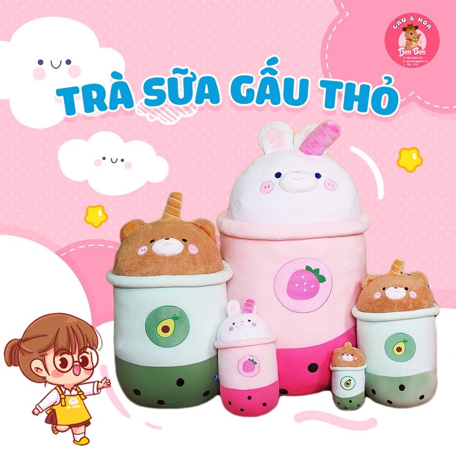 Gấu bông ly trà sữa đầu gấu,thỏ, quà valentine ngọt ngào