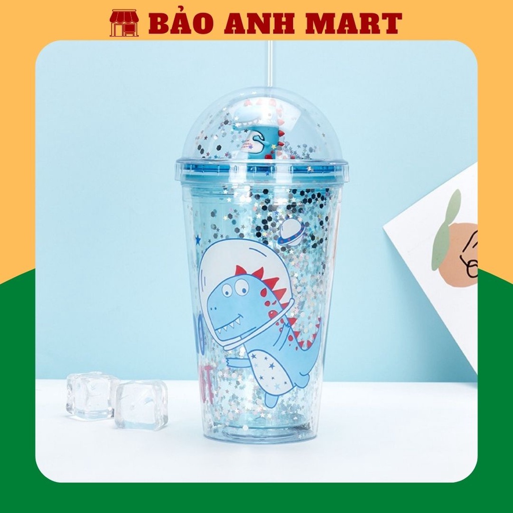 Bình nước khủng long 3d, bình đựng nước cute 600ml, cốc nhựa 2 lớp giữ nhiệt có nắp kim tuyến lấp lánh xinh xắn.