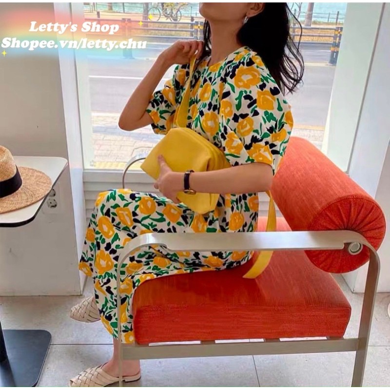 (SẴN SHIP) Váy thô hoa vàng mát mẻ, thanh lịch phong cách Hàn Quốc