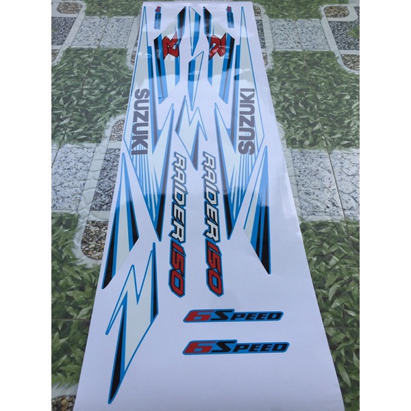 Tem rời chế Raider xăng cơ. Xe xanh, chỉ trắng. Thay đổi màu sắc và chi tiết theo yêu cầu. Sắc nét, bền màu