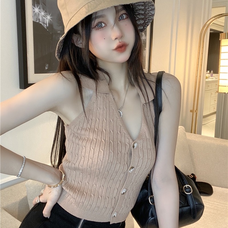 Áo Dệt Kim Hai Dây Cổ Chữ v Màu Trơn Thời Trang Mùa Hè Quyến Rũ Cho Nữ