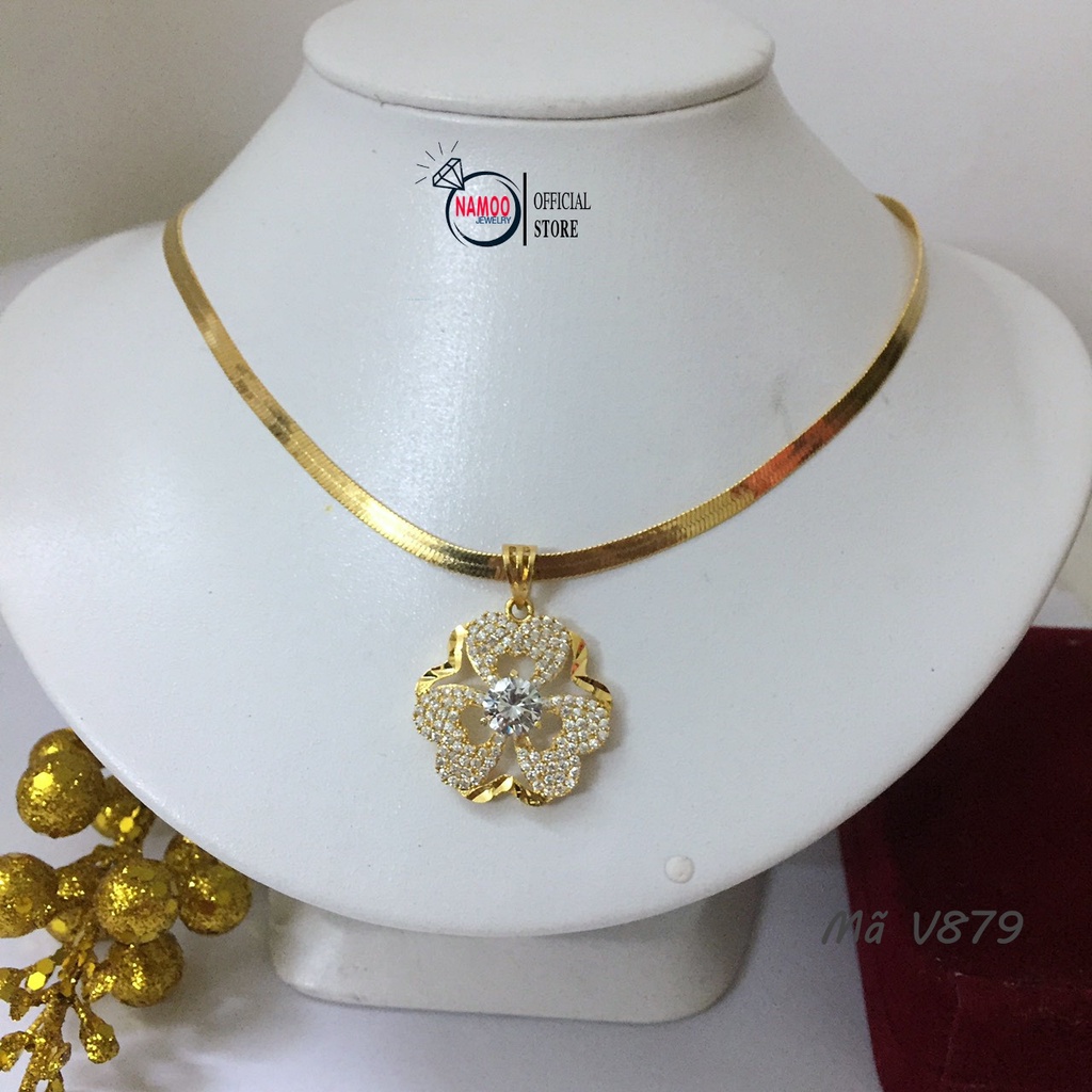 Dây Chuyền Titan Nữ V879 Cỏ Ba Lá Đính Đá Lớn Kết Hợp Dây Dẹt V007 Bền Màu