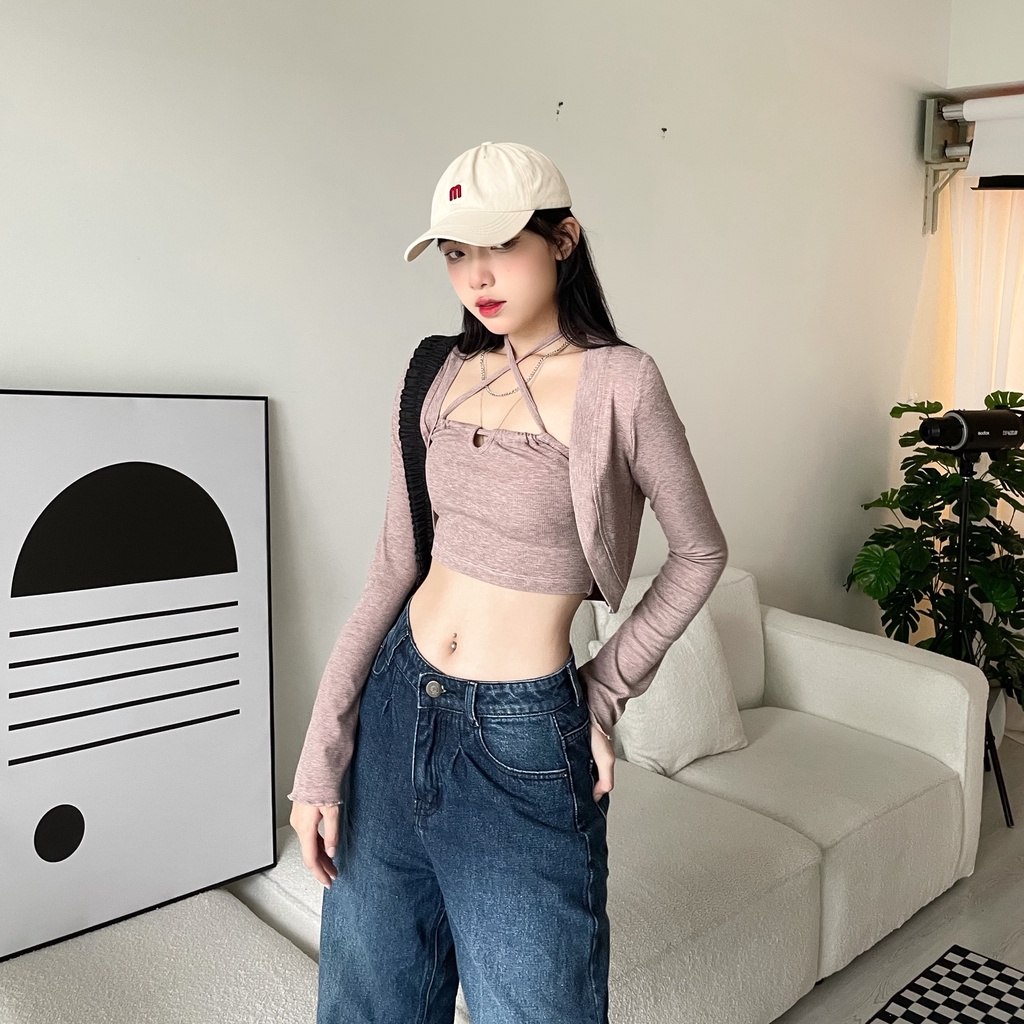 SS0309 Set nữ áo cổ yếm + cardigan chất mềm mát nhiều màu