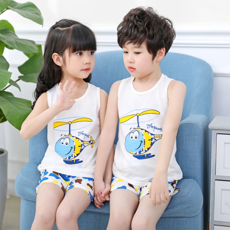 Bộ Áo Ba Lỗ + Quần Short Cotton In Họa Tiết Hoạt Hình Dễ Thương Thời Trang Mùa Hè Cho Bé 90-140cm