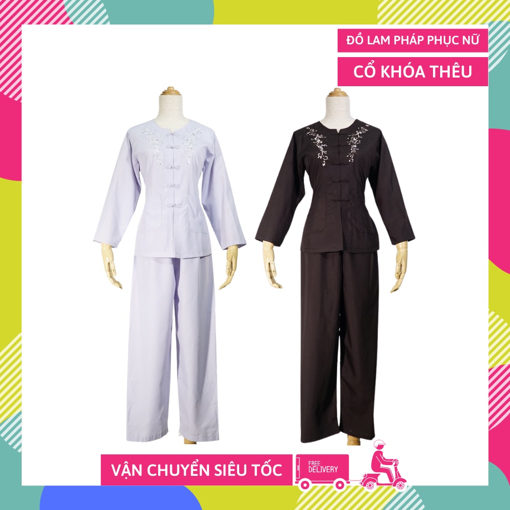 Bộ đồ Phật tử Nữ CỔ KHÓA THÊU áo lam quần áo đi chùa pháp phục thời trang Phật giáo cao cấp - Nhiều cỡ - Có video