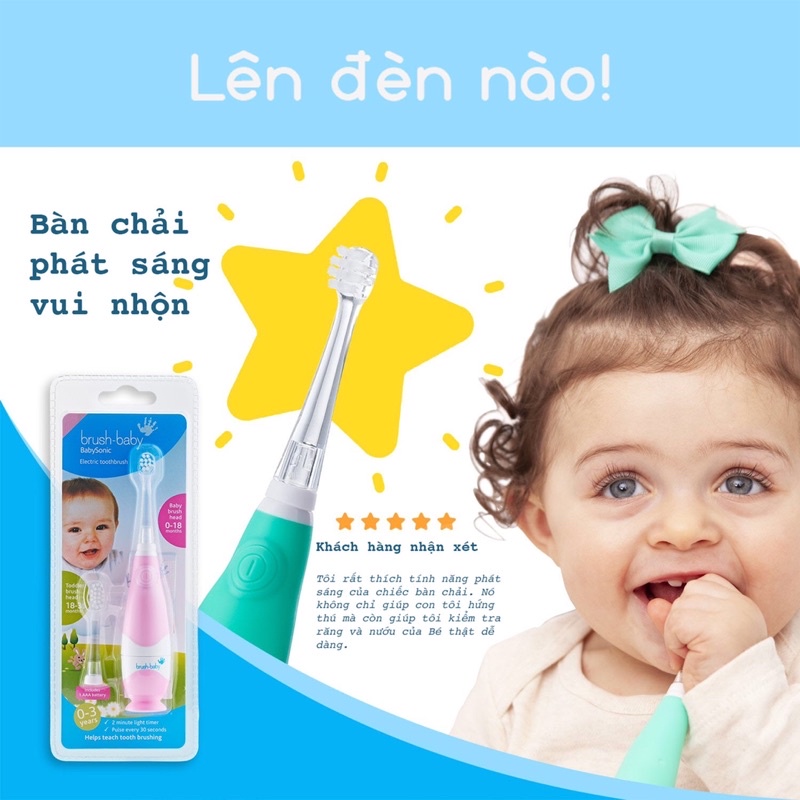 [CHÍNH HÃNG UK] Bàn chải điện cho bé  0-3 tuổi  Brushbaby Babysonic gồm 2 đầu bàn chải