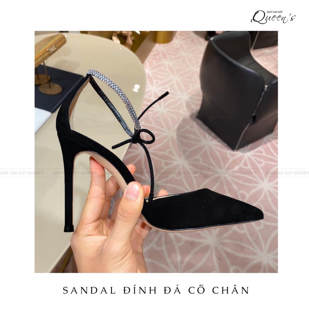 Giày Sandal Nữ Cao Gót Bít Mũi Màu Đen Gót Nhọn Mũi Nhọn Đính Đá Cổ Chân Sang Trọng Cho Nữ Dự Tiệc Cưới Cao 9-11 Phân