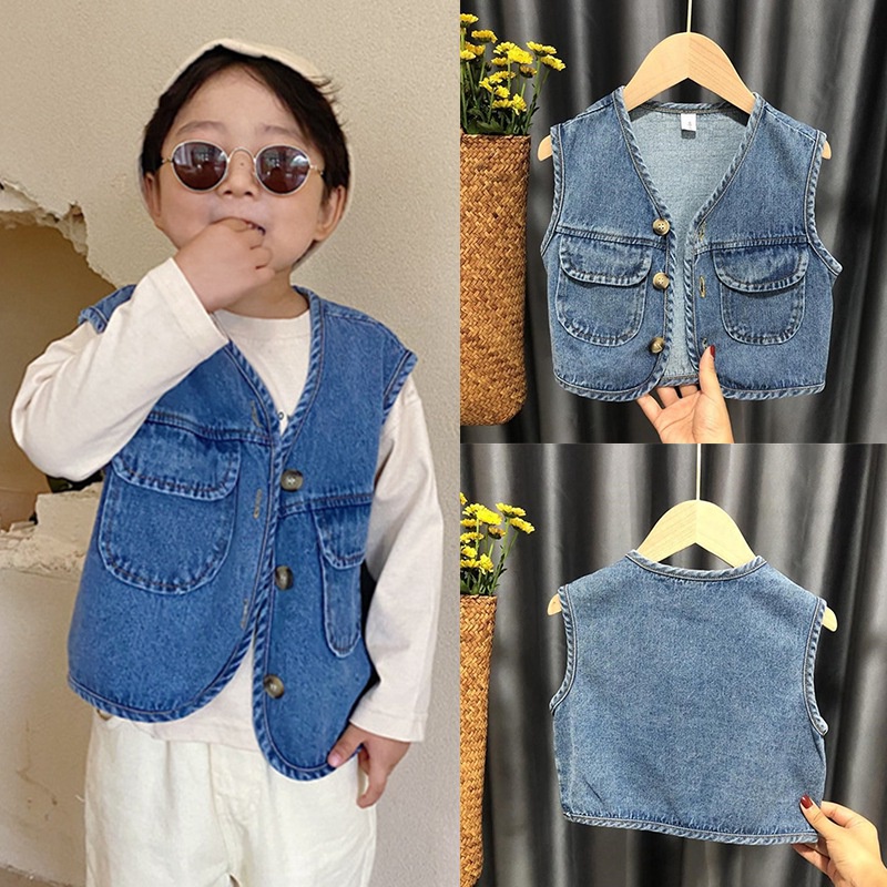 Áo khoác gile denim không tay phong cách Hàn Quốc thời trang cho bé trai và bé gái