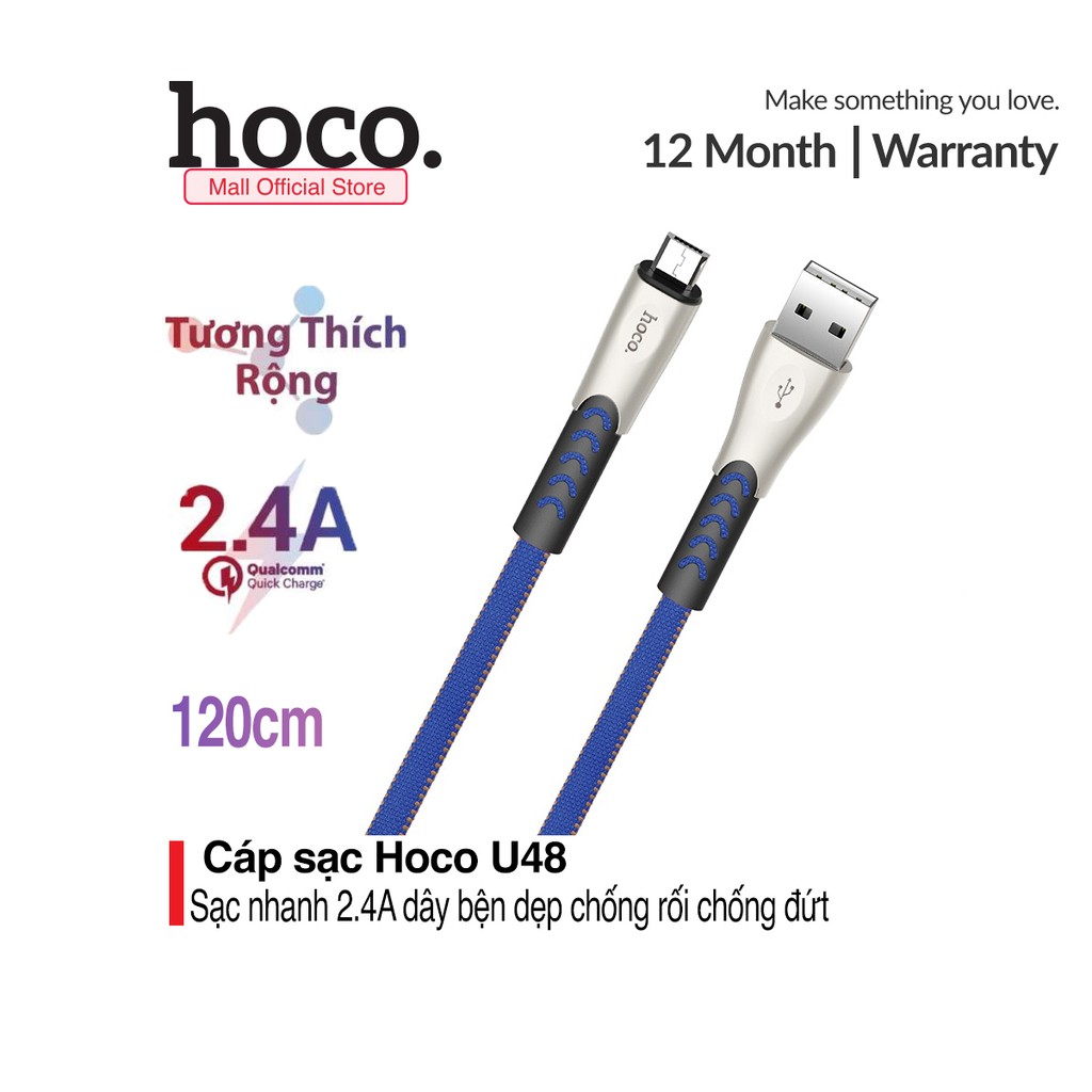 Cáp sạc nhanh Hoco U48 cho điện thoại dây dù chống đứt ( Hỗ trợ sạc nhanh 2.4A Max, dài 1.2m )