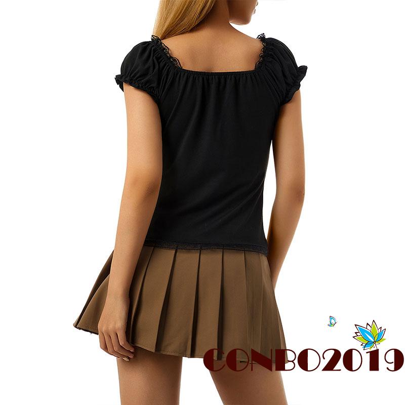 Áo Thun Tay Ngắn Cổ Chữ V Phối Bèo Viền Bèo Màu Sắc Trơn Kiểu Vintage Thời Trang Mùa Hè Cho Nữ