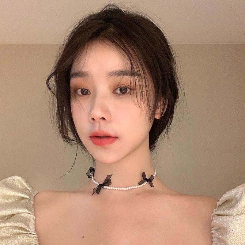 Vòng cổ hạt size nhỏ thanh lịch phối nơ, choker vintage mã RQ-88