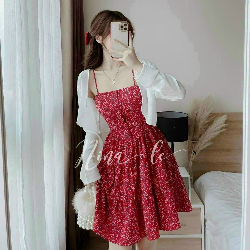 Đầm Nữ Thời Trang Mặc Đi Chơi, Đầm Lụa Hoa Đỏ Hai Dây Xếp Ly Có Mút Kèm Áo Khoác Gân Xinh Xắn