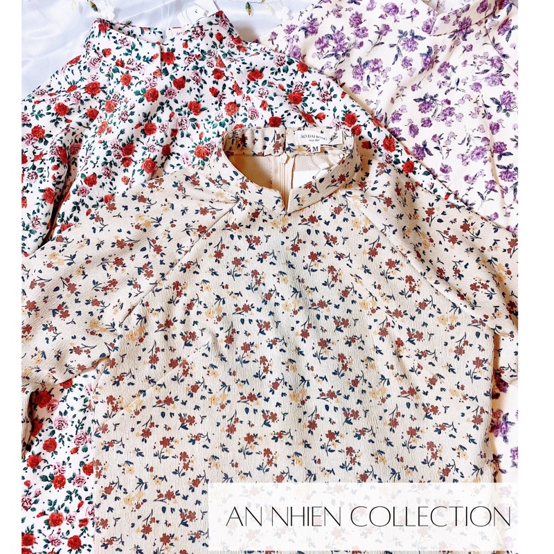 Set áo dài cách tân nữ hoa nhí phong cách vintage đẹp, chất liệu nhung tăm, quần lụa dành cho Tết 2022