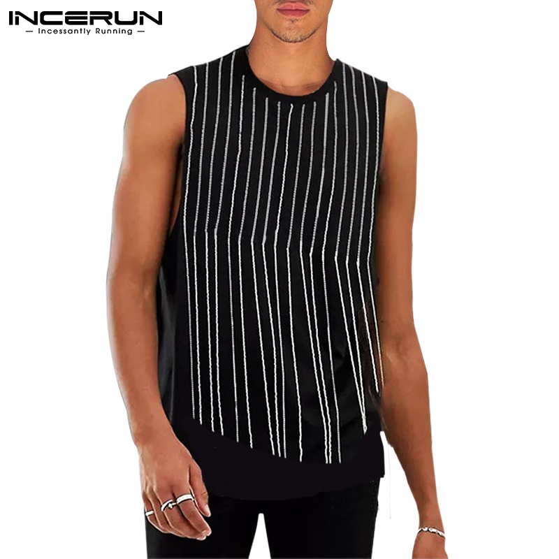 Áo thun INCERUN ba lỗ màu đen dáng rộng phối tua rua thời trang cho nam giới