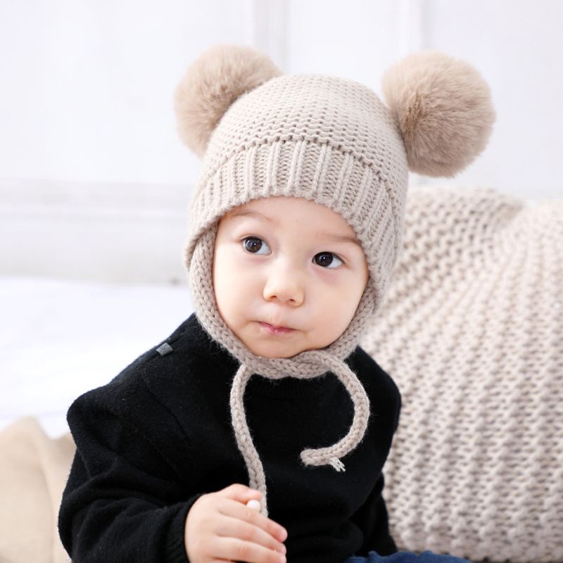 Mũ len trùm đầu gắn quả bông mềm giữ ấm mùa đông cho bé trai/bé gái